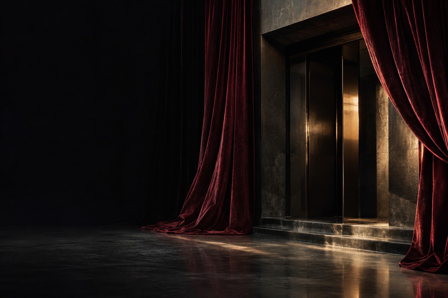 Oxblood velvet framing a sculptural doorway in warm directional light
